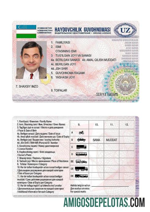 Carta de condução do Uzbequistão 2017 presente modelo